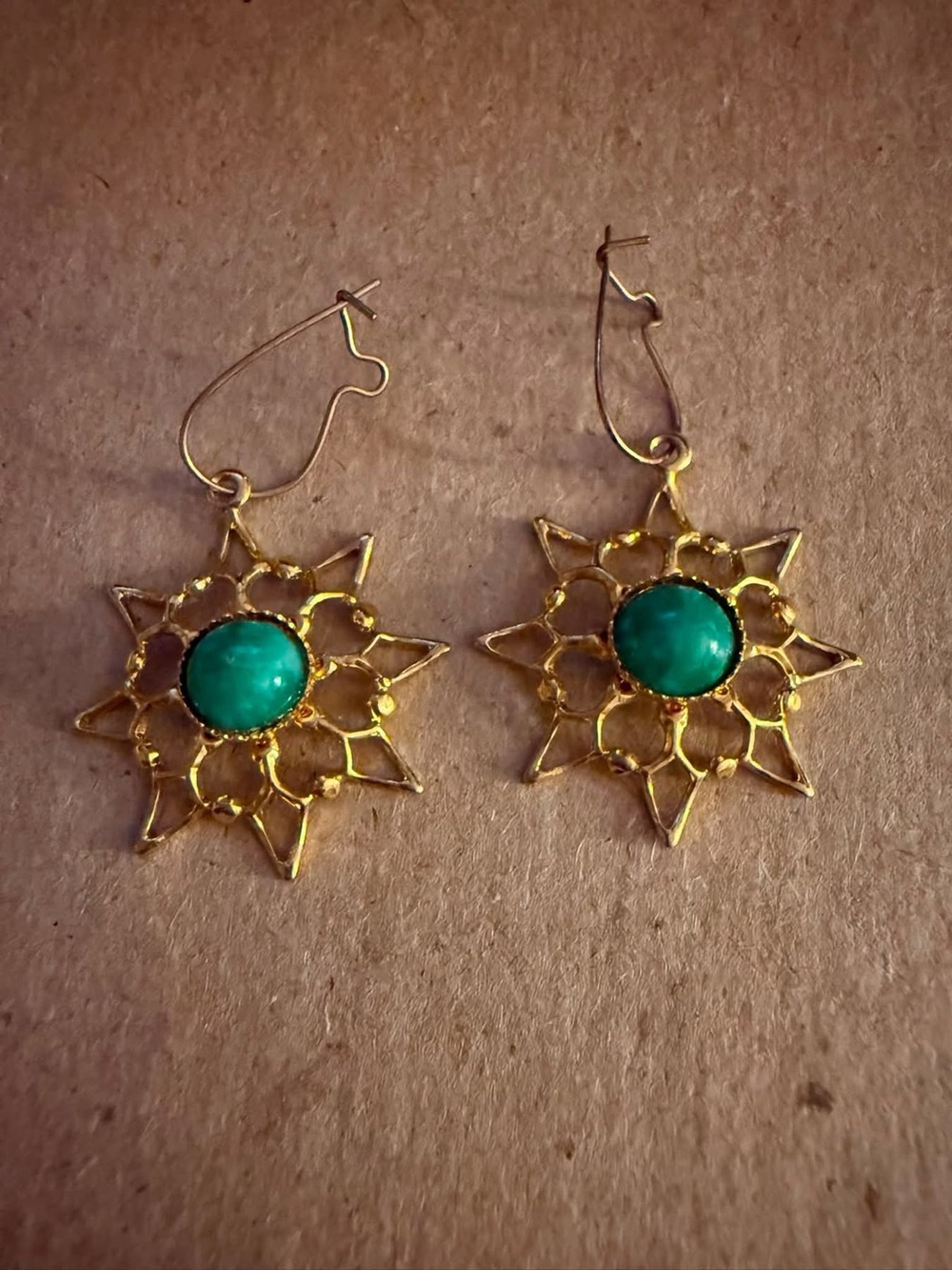 Gold tone Sunburst Drop Earrings with Turquoise Center
